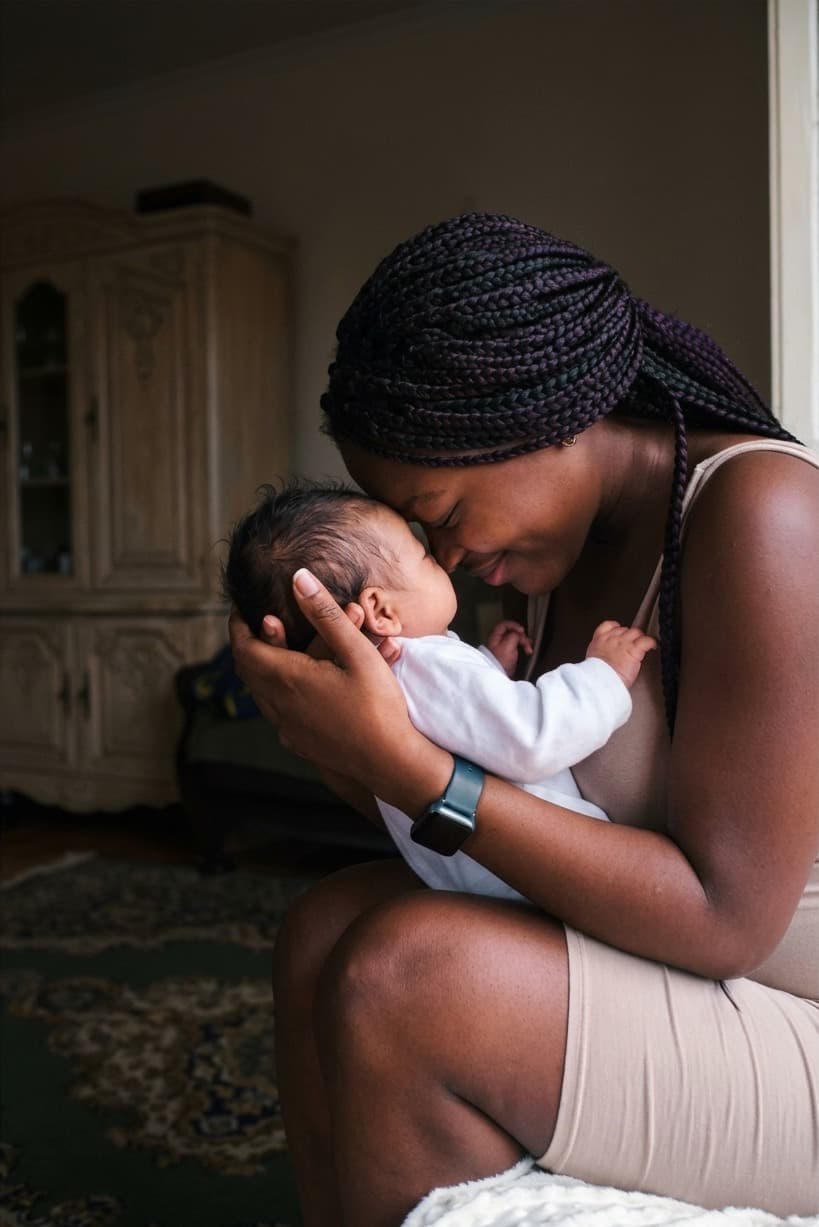 A mother holding her newborn baby close, foreheads touching