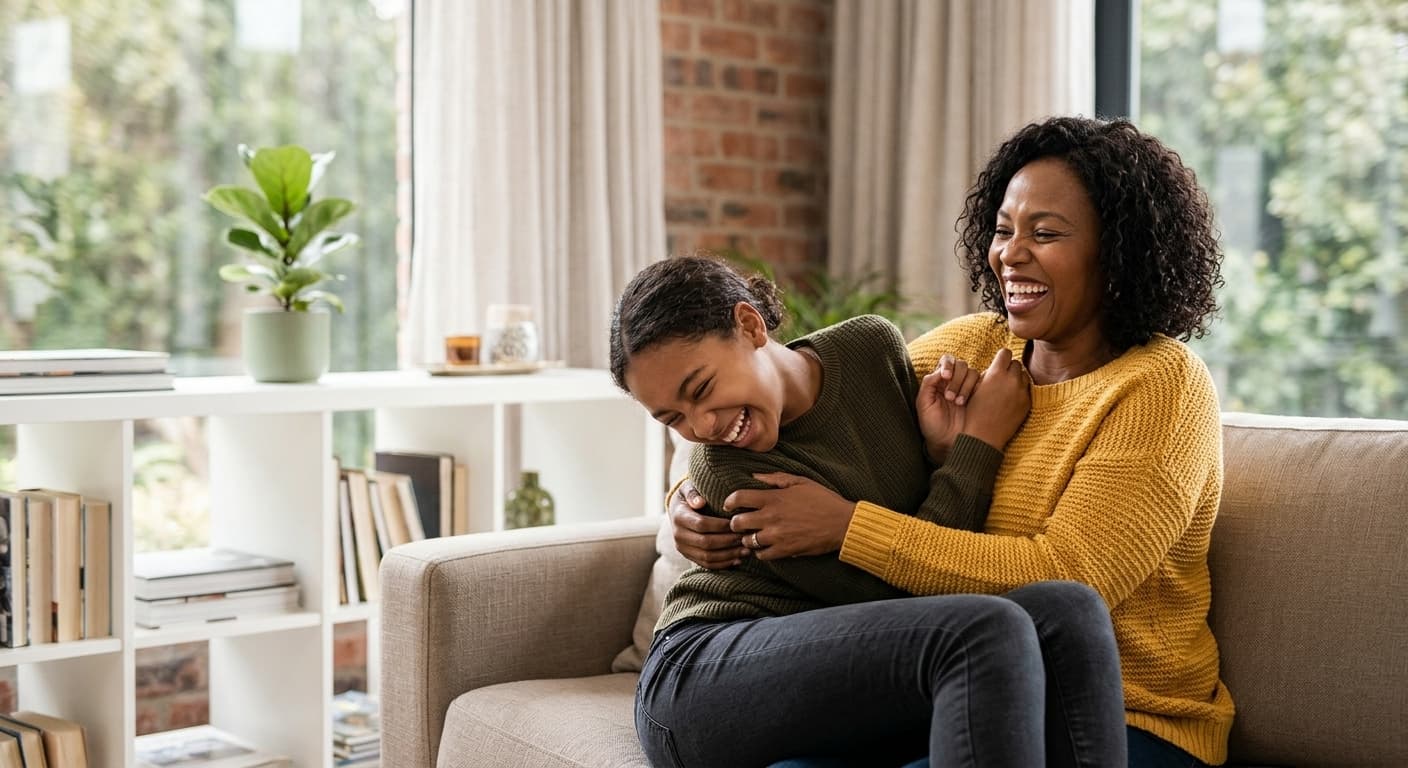 A teenage girl laughing as her mother hugs her from behind on the sofa